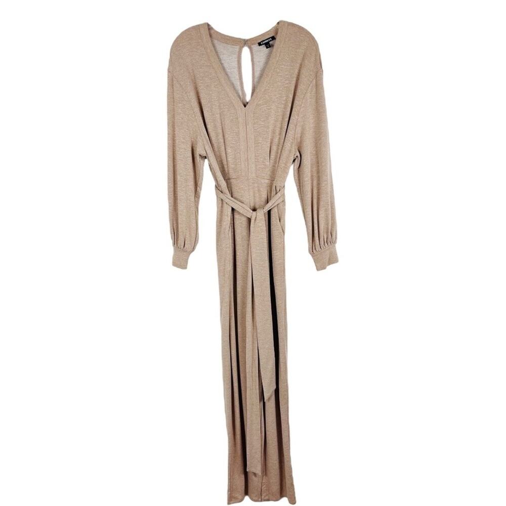Express tan knit cropped boho tie waist stretch jumpsuit medium